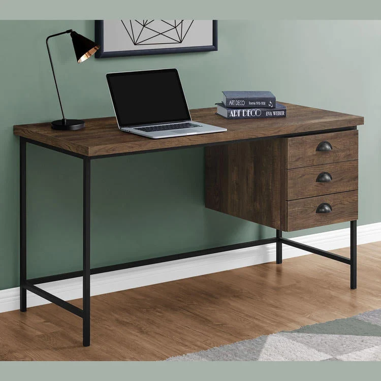 Monarch Specialties I 7485 | Meuble d'ordinateur - 55" - Spacieux dessus - 3 tiroirs - Base en Métal noir - Fini imitation de bois brun