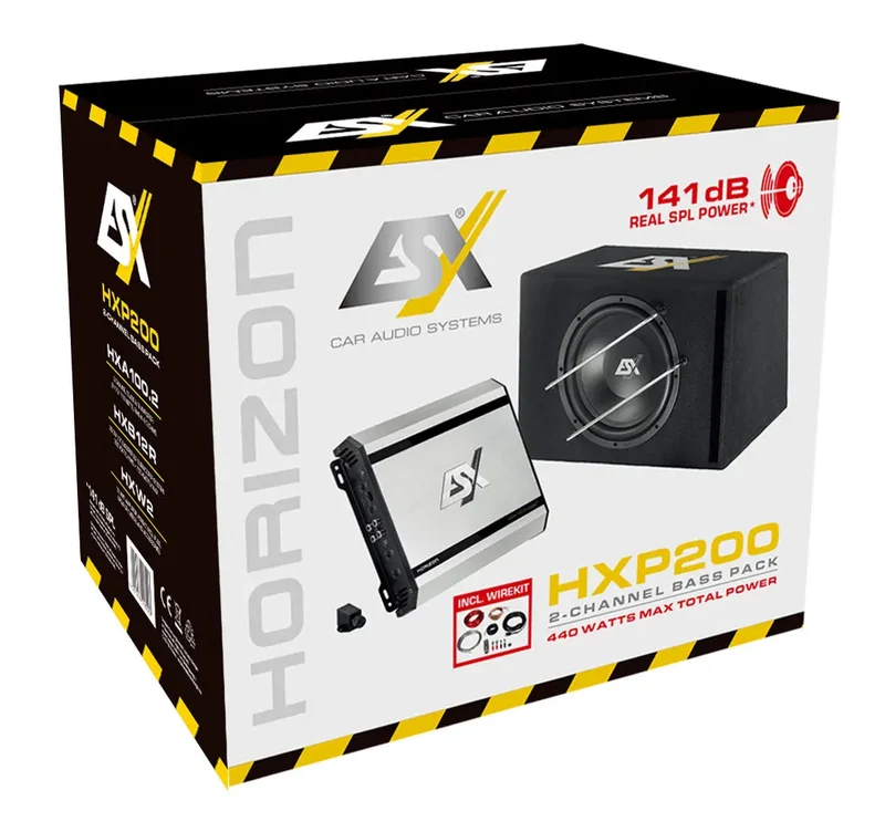 ESX HXP200 – Pack Caisson 2 canaux avec Amplificateur, Subwoofer 30 cm (12") et Kit de Câblage